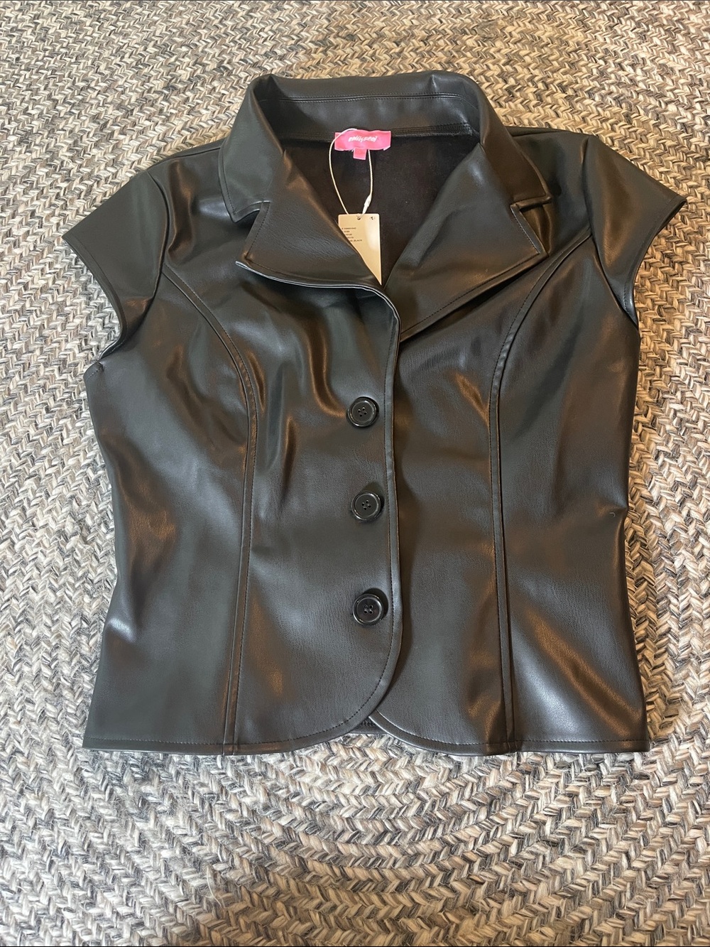 Edikted Black Faux Leather Short-Sleeve Button Front Top